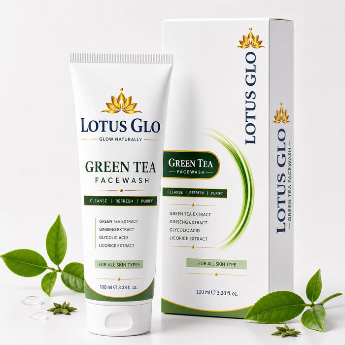 Lotus Glo Green Tea Face Wash for All Skin Types | With Green Tea, Ginseng, Glycolic Acid & Licorice Extract | Cleanses, Refreshes & Purifies Skin | Daily Facial Cleanser | 100ml