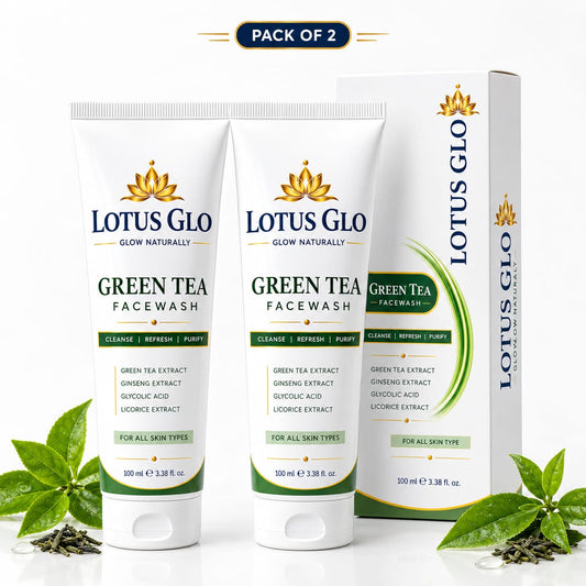 LOTUS GLO Green Tea Face Wash for All Skin Types | Green Tea, Ginseng, Glycolic Acid & Licorice Extract | Daily Facial Cleanser | Pack of 2 | 100ml Each